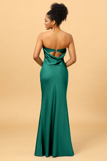 Vestido de dama de honor de sirena satén Verde Oscuro